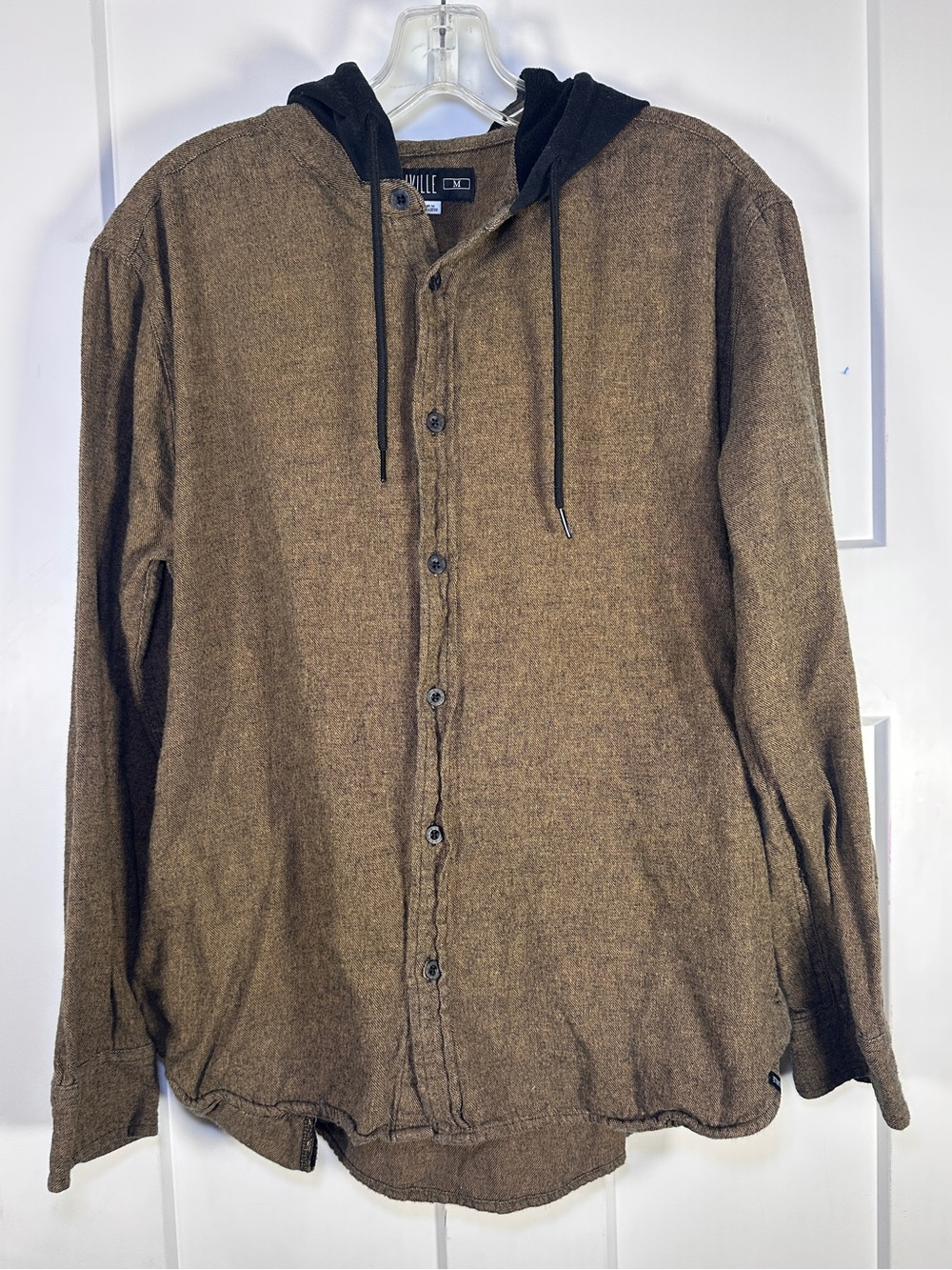 Caliville Grunge Button-Up Hooded Shirt Jacket in Brown Made in Bangladesh